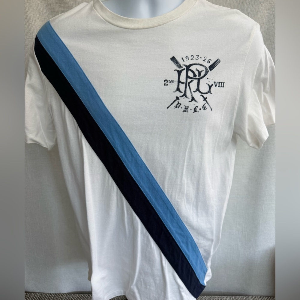 Boy's Ralph Lauren Double RL White Tee with Diagonal Navy and Light Blue Stripes